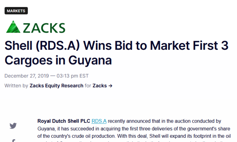 Shell (RDS.A) Wins Bid to Market First 3 Cargoes in Guyana