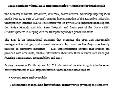 MNR conducts virtual EITI Implementation Workshop for local media